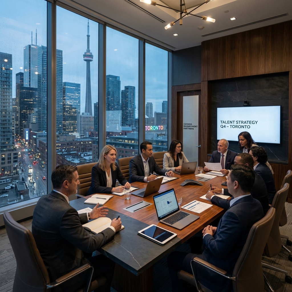 Senior recruitment partners discussing workforce strategy in Toronto boardroom
